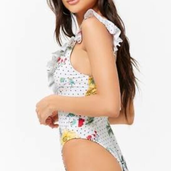 Forever 21 Sz S Vintage Y2K Deep-V Floral Ruffle One Piece Bathing Suit - Picture 4 of 9